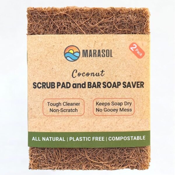 Marasol Soap Saver and Scrub Pad (2) | Coconut Fiber - Compostable | Plastic Free - Zero Waste | Bar Soap Holder | Tough Non-Scratch Scour Pad | Vegetable Brush | 2-Pack