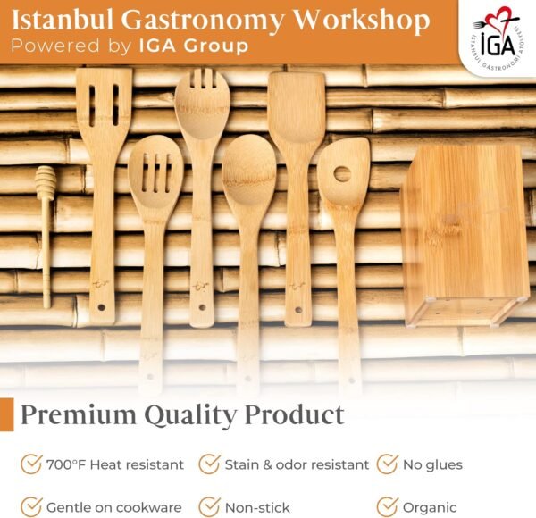 IGA Organic Bamboo Cooking Utensils Set Spoons, Spatulas With Holder For High Heat Resistant In Nonstick Pots, Pans & Cast Irons Skillets (8-Piece Set) Great Gift Idea For Everyday Use - Image 5