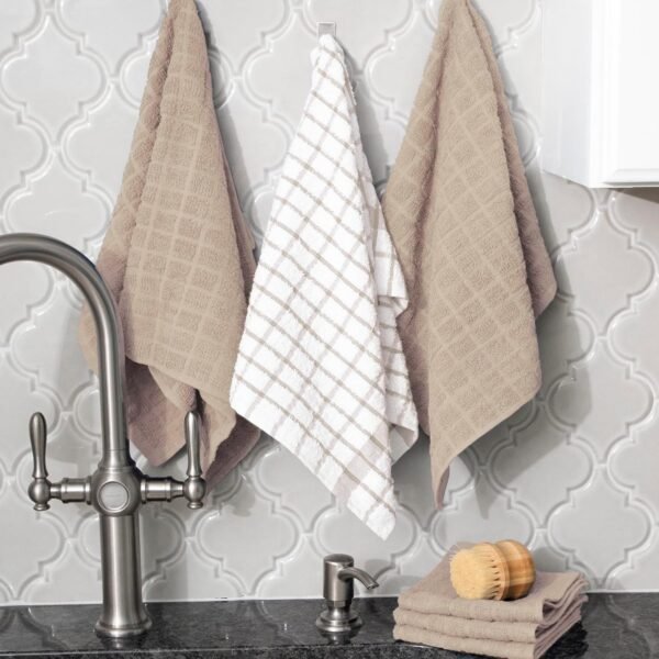 Ritz Premium Kitchen Towel and Dish Cloth Value Set: Highly Absorbent, Super Soft, Long-Lasting, 100% Cotton Checked and Solid Hand Towels, Tea Towels, Bar Towels - 6 Pack, Putty - Image 5