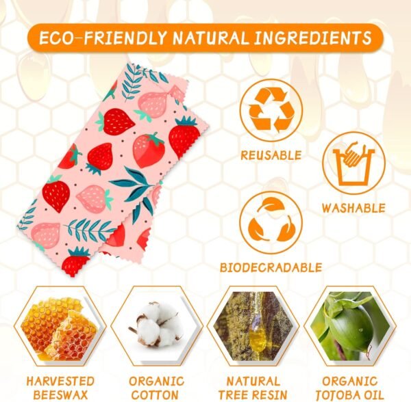 Reusable Beeswax Wrap - 9 Pack Beeswax Wraps For Food, Organic, Sustainable, Biodegradable, Zero Waste, Plastic-Free Food Storage, 1L Strawberry, 3M Orange, 5S Lemon Patterns - Image 2