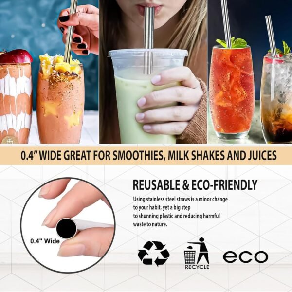 Stainless Steel Smoothie Straws, 0.4'' Extra Wide Reusable Metal Drinking Straws for Milkshake, Smoothie, Beverage, Set of 4 with 2 Cleaning Brush - Image 2