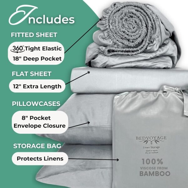 BedVoyage 100% Viscose Derived from Bamboo Queen Sheet Set - Cooling Bed Sheets for Ultimate Comfort, Breathable & Soft with Deep Pockets - 18” (Stone) - Image 4