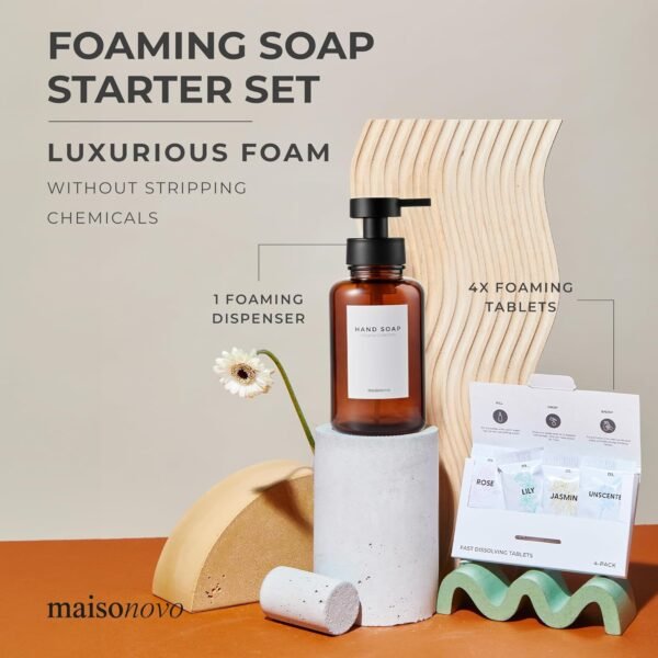 MaisoNovo 14 oz Amber Glass Foaming Soap Dispenser with Black Plastic Pump + Mixed 4 Pack Foaming Hand Soap Refill Tablets - Image 2