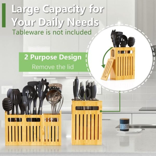 Large Bamboo Utensil Holder Set, Kitchen Utensil Organizer with Removable Divider, 3 Compartments Utensil Caddy for Kitchen Countertop (Bamboo) - Image 2
