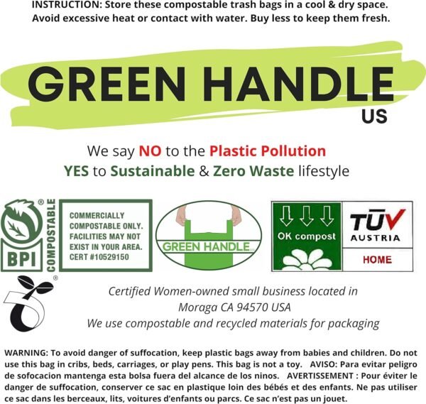 BPI certified 8 Gallon Extra Thick Compostable Trash Bag Liners with Handles (1.00 Mil = 25 mic) California SB 1383 ASTM D6400 Europe OK Home & Seedling (5~8 Gallon | 20~30 Liter) - Image 9