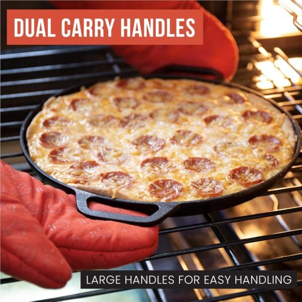 Chef Pomodoro Cast Iron Pizza Pan, Pre-Seasoned 12 inch Cast Iron Skillet with Handles, Dosa Pan for Dosa Tawa Roti, Crepe Pan, Comal for Tortillas, Baking Stove, Oven, Grill BBQ and Campfire - Image 4