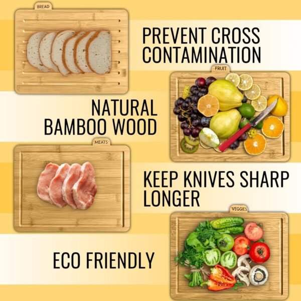 Bamboo Cutting Boards for Kitchen with Holder 13" x 11" x 2.5" | Labeled Wood Cutting Board Sets | Large Wooden Cutting Board Set of 4 with Black Organized Stand | Non Toxic Chopping Board - Image 2