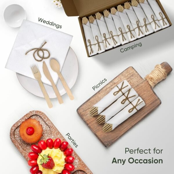 Premium Pre-Rolled Napkin and Bamboo Cutlery Set (30 Pack, 120 PCS) 100% Biodegradable, Eco-Friendly, Disposable Wrapped Cutlery - Includes Pre-Wrapped Bamboo Forks, Knives, Spoons, & Napkins - Image 6