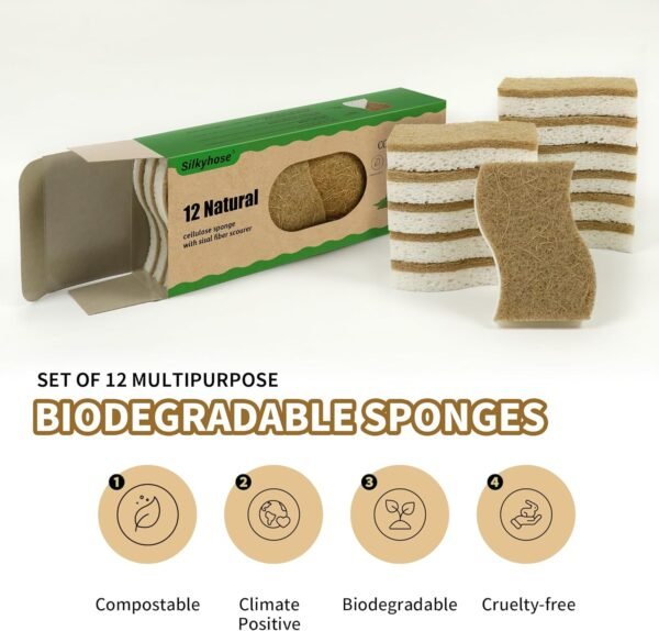 Biodegradable Natural Kitchen Sponge, Compostable Cellulose and Coconut Scrubber Eco-Friendly Dishwashing Sponge, 12 Pack Household Cleaning Foam for Dishes - Image 5