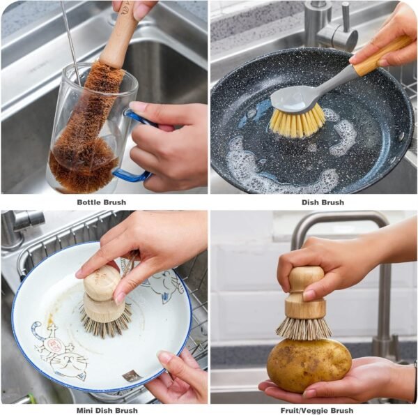 Natural Bamboo Dish Brush Bottle Scrub Brush 4-Piece Set, with Ceramic Soap Dispenser - Wooden Washing Up Brushes with Sturdy Handles for Cleaning Dishes, Pots, Pans, Gift Kit - Image 4