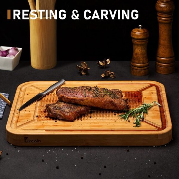 Turkey Carving Board, Heavy Duty Meat Cutting Board for Thanksgiving Bamboo Wood Butcher Block Brisket Cutting Boards with Juice Groove, Pyramid Spikes Stabilizes Steak or Turkey While Carving - Image 2
