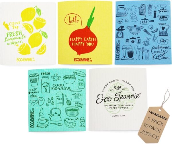 (5 Pack) EcoJeannie Eco-Friendly German Cleaning Cloth 100% Biodegradable Cellulose Sponge Cloths, Kitchen Cloths, GMO-Free, Reusable - Made in Germany Packaged in P.R.C.