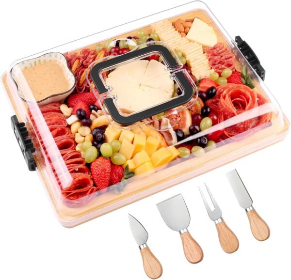 Charcuterie Board with Lid and Handle - Portable Travel Design Bamboo Cheese Board Set with 4 Cheese Tools, Gift for Housewarming, Weddings, Picnics(1 Compartment, Black)