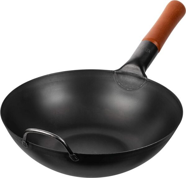 YOSUKATA Carbon Steel 11.8" Stir Fry Wok Pan - Pre-Seasoned Chinese Wok with Flat Bottom, Black Wok for Induction Gas Stovetops - Open Fire, BBQ, Grill, Outdoor Camping Wok