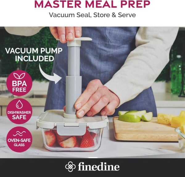 FineDine Vacuum Seal Glass Food Storage Containers With Hand Pump, 25 Piece Set, Airtight Pantry Kitchen Storage Containers w/Lids, Meal Prep Containers for Lunch, Leftovers - Image 2