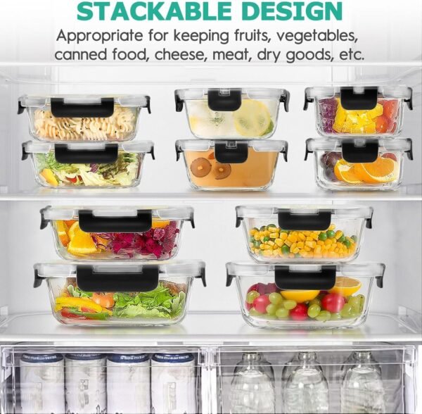 34pcs Glass Food Storage Containers with Lids Set, Airtight Glass Meal Prep Containers (17 Containers & 17 Lids), Leak Proof Lunch Containers BPA-Free, Microwave, Oven, Freezer, Dishwasher Safe-Black - Image 5