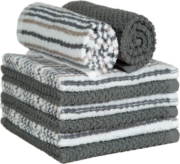 Bumble Premium Dish Cloths Towel 12"x12" | 100% Natural Ring Spun Cotton Tea Towel Set | 430 GSM | Highly Absorbent & Soft Dish Towels | 8 Pack - 4 Popcorn Striped & 4 Solid Kitchen Towels - Gray - Image 4