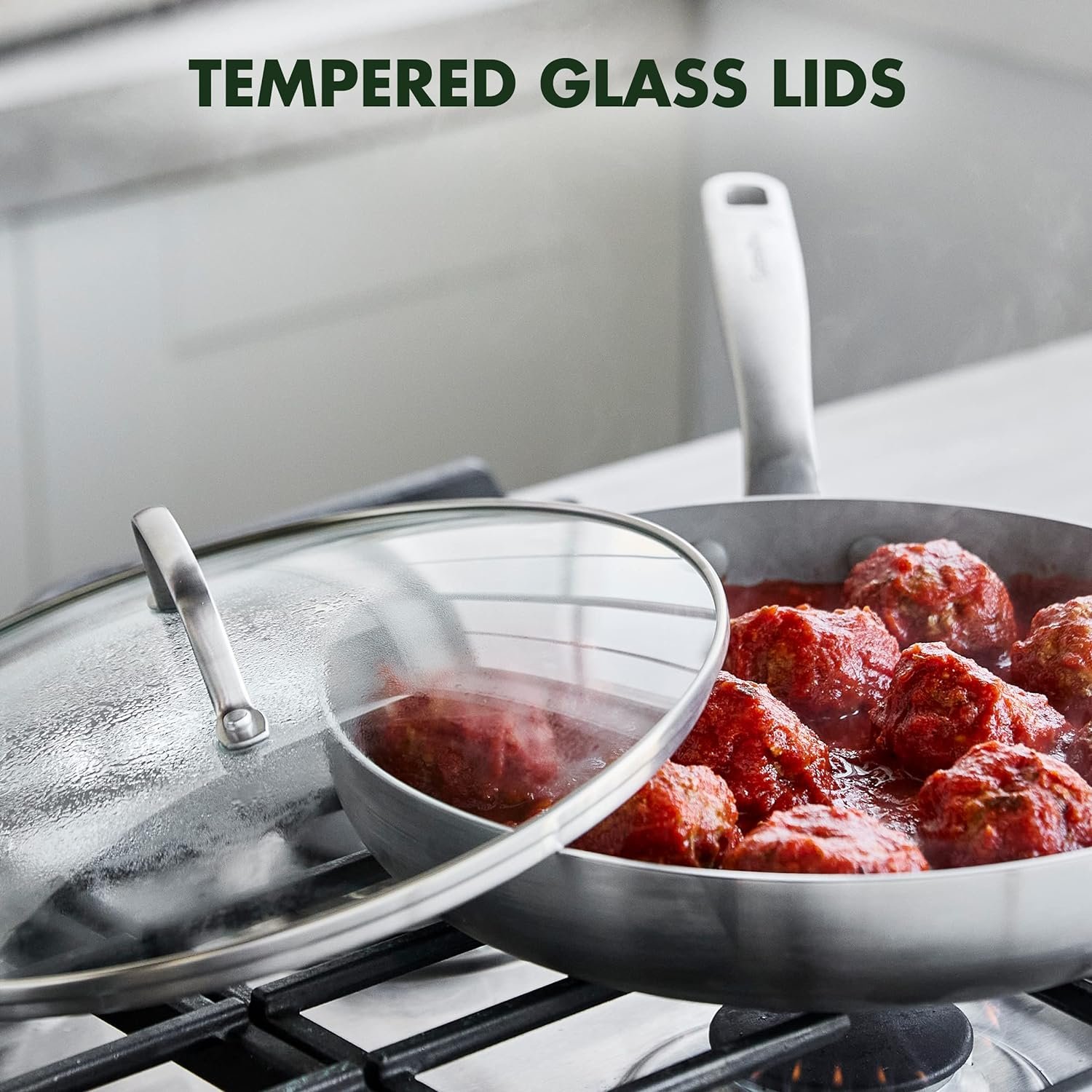 GreenPan Chatham 12 Piece Stainless Steel Cookware Set, Non-Toxic PFAS-Free Healthy Ceramic Nonstick, Dishwasher Safe, Oven Safe, Frypan Skillet Sauté Saucepan, Bamboo Utensils, Silver - Image 6