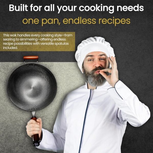 Pre-Seasoned Cast Iron Wok | Nonstick Stir-Fry Pan | Wok with Dual Handles and 4 Spatulas | Flat Bottom Wok with Wooden Lid and Wood Handle | Uncoated Traditional Chinese Wok for Induction - Image 7