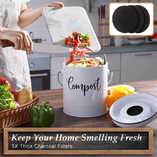 Compost Bin Kitchen - 1.3 Gallon Farmhouse Kitchen Compost Bin Countertop - Indoor Compost Bin - Countertop Compost Bin with Lid and Charcoal Filters - Rust Proof Compost Bucket, White - Image 3