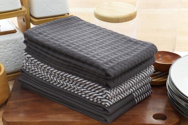 PurpleEssences Kitchen Towels Set Pack of 6-15x25 Inches, 100% Cotton Waffle Weave & Flat Dish Towels for Drying Dishes Hand Highly Absorbent Bar, Tea Towels Set with Hanging Loop - Dark Gray - Image 5