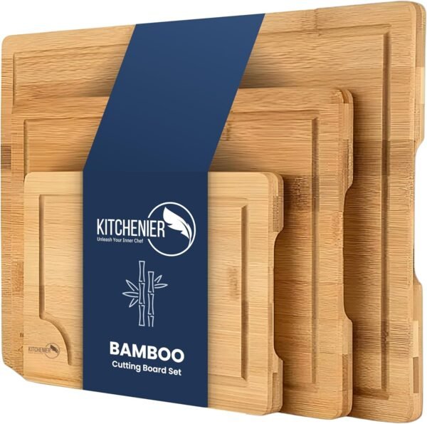 KITCHENIER. Set of 3 Thick Bamboo Cutting Boards for Cooking or Serving, with Juice Groove and Handles. For meats, cheeses and vegetables. Organic material, easy to wash