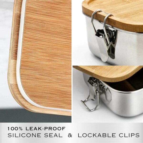 Premium Stainless Steel Bento Lunch Box. Eco-Friendly Meal Storage, Food Container With 100% Leak-Proof Multi-purpose Bamboo Lid. For Snacks, Work, Travel Use. Free Bamboo Cutlery. (28 oz) - Image 3