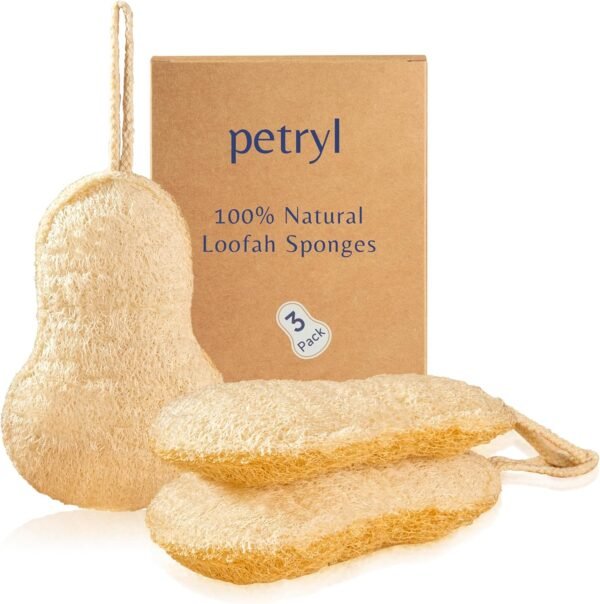 Loofah Exfoliating Body Scrubber, Natural Loofah Sponge, Dual-Sided, Ergonomic Shape, Organic, 100% Biodegradable, for Women, Men, Shower, Bath, Travel (Pack of 3)