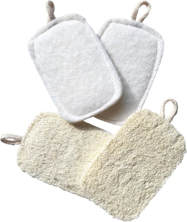 Natural Loofah Kitchen Sponges 4 Pack - Dish Scrubber Brush - Safe for Non Stick Pans Pots Cookware - Double Sided Available - Durable Sponge for Dishes, Coated Cookwares, Sink, Countertops