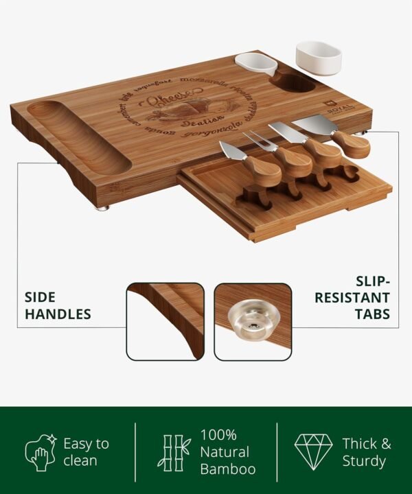 ROYAL CRAFT WOOD Bamboo Charcuterie Boards - Cheese Board Set with 2 Sauce Bowls, 4 Knives - Unique Charcuterie Board & Serving Tray - House Warming Gifts New Home Gifts - Image 2