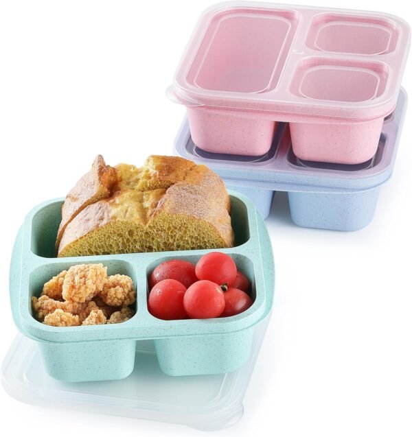 3PCS Snack Containers, Stackable Snack Box Container with 3 Compartments, Lunch Containers & Bento Box for Kids and Adults (3Pack, 3Colors)
