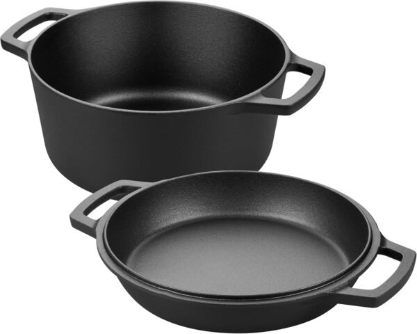Pre-seasoned Cast Iron Double Dutch Oven Pot with Skillet Lid, Dual-handle, for Bread Baking, Outdoor, Campfire Cooking, 5 Quart - Image 2