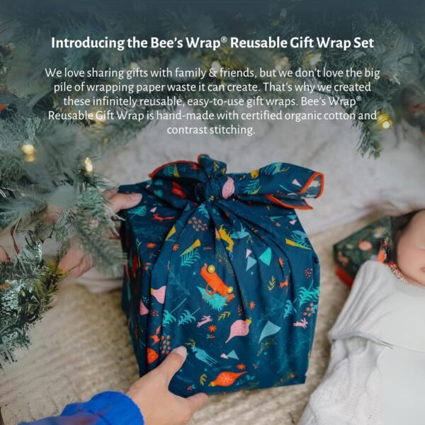 Bee's Wrap Reusable Organic Cotton Fabric Wrapping Paper, Made in the USA, Eco Friendly Furoshiki Gift Wrap, Set of 4 Fabric Wraps, Winter Wonderland - Image 3