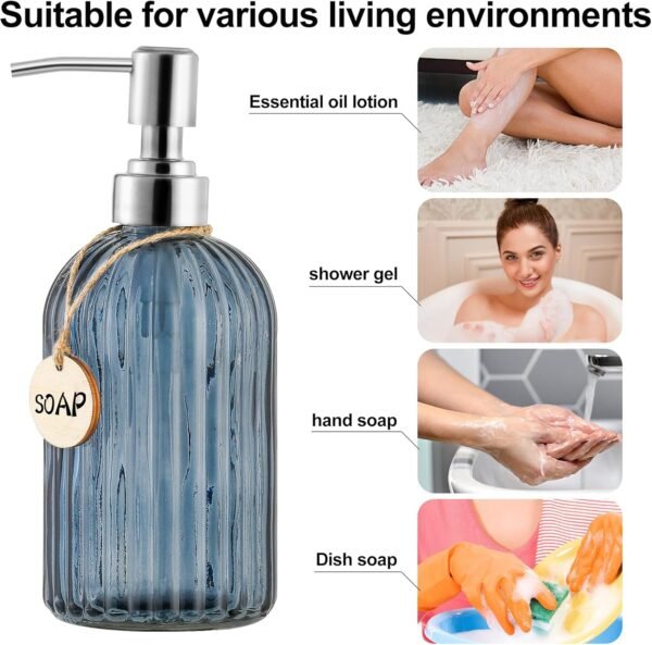 16 OZ Soap Dispenser，Tempered Glass Clear Vertical Stripe with 304 Rust Proof Stainless Steel Pump Refillable Liquid Hand Soap Dispenser，for Bathroom, Kitchen, Dish Soap，Lotion (Blue Grey) - Image 4