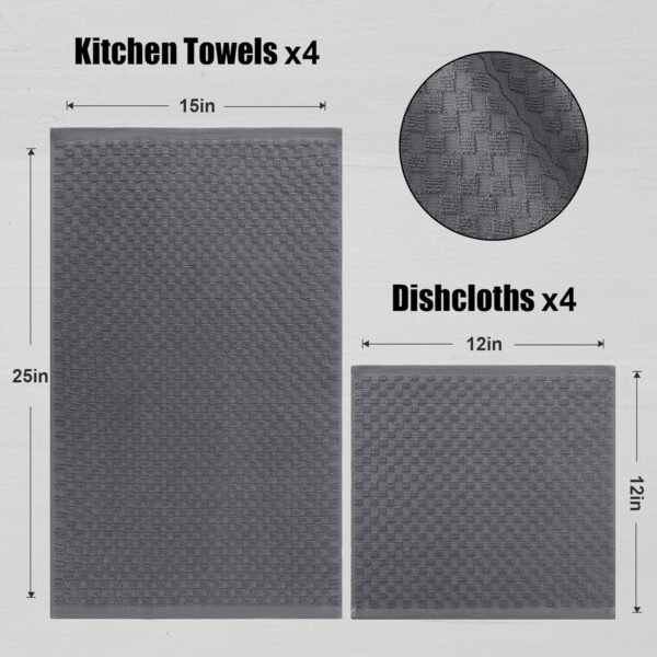 Fintale 100% Cotton Kitchen Towels and Dishcloths Set, 12 x 12 & 15 x 25 Inches, Set of 8 Bulk Super Soft and Absorbent Terry Cloth Dish Towels, Quick Drying Hand Towels with Hanging Loop, Dark Grey - Image 2