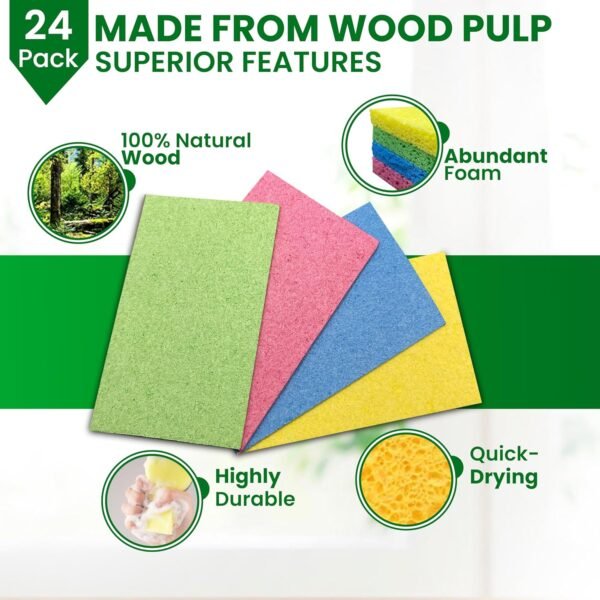 Cellulose Sponges – 24-Pack Multicolored Compressed Sponges – Natural Sponges for Kitchen – Biodegradable Sponges for Cleaning, Dishes, DIY Cutouts – Non-Scratch and Quick-Dry - Image 2