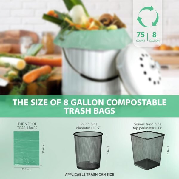 Compostable Trash Bags | Kitchen Compost Bag for Countertop Bin | Odor Control Disposable Bags | Small Biodegradable Trash Bags with Large Capacity | Recyclable Trash Bags - 75 Pack (Green) - Image 3
