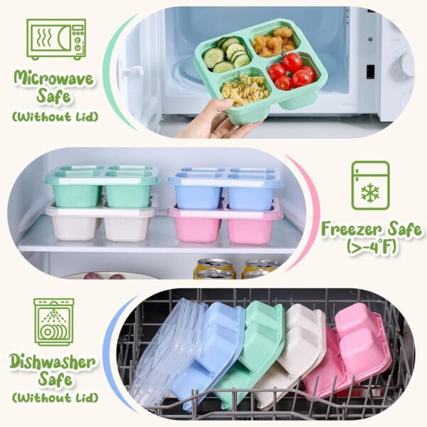 Bento Snack Boxes 4 Pack, Reusable Bento Boxes Kids Adults with 4 Compartments & Fork, Lunch Snack Containers, Wheat Straw Meal Prep Lunch Box, Divided Food Storage Containers for School Work Travel - Image 6