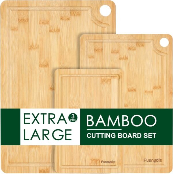 Organic Bamboo Cutting Board Set of 3, Large Wooden Cutting Boards for Kitchen, Wood Cutting Board with Juice Grooves, Side Handles and Hanging Holes, Reversible Chopping Board - Pre Oiled