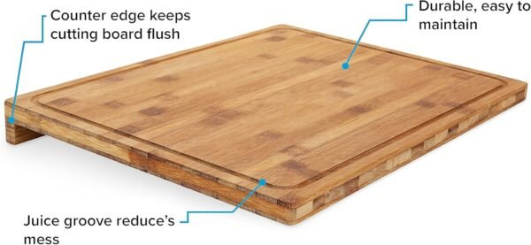 Camco 43545, Bamboo Cutting Board with Counter Edge | Perfect for Vegetables, Fruits, Meats, and Cheeses | Measures 18-inches x 14-inches x 1-3/4-inches, Brown - Image 4