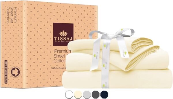 Tissaj Organic Cotton Sheets King Size – Natural – GOTS Certified – Durable Quality – Extra Deep Pockets & Secure Fit – Hotel Quality Sheets – Sateen Weave – with Carry Pouch – Set of 4