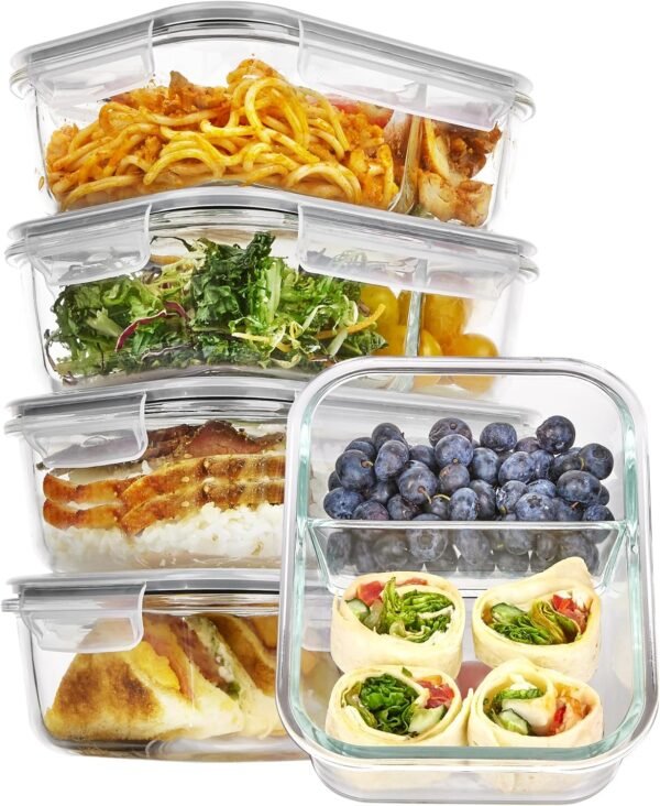 Vtopmart 5 Pack 33oz Glass Food Storage Containers with Lids, Meal Prep Containers 2 Compartments, Airtight Lunch Containers Bento Boxes with Snap Locking Lids for Microwave, Oven, Freezer