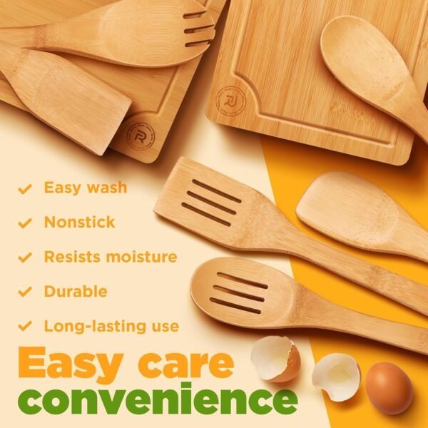 Riveira Bamboo Cutting Boards For Kitchen with Wooden Spoons For Cooking – Set of 3 Pcs Wooden Cutting Board & 6 Bamboo Spoons – Wooden Cutting Boards For Kitchen – Complete Wooden Cooking Utensils - Image 3