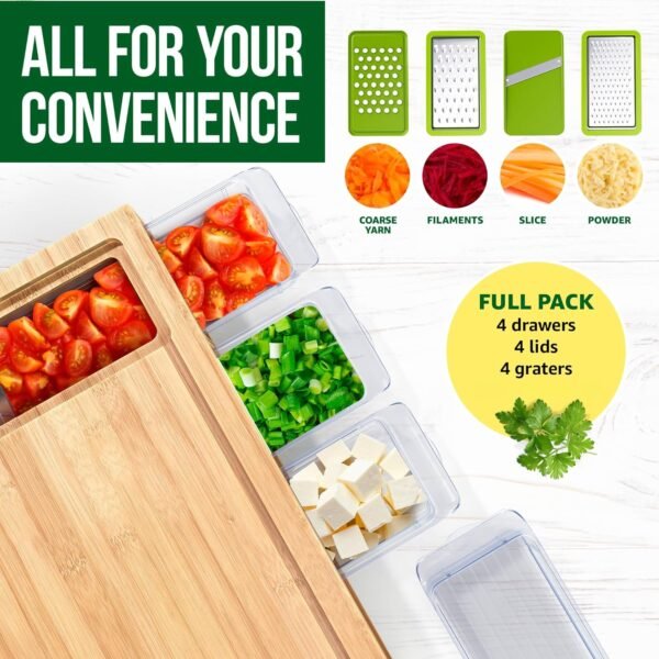 YANs Bamboo Cutting Board with Containers for Easy Meal Prep - Chopping Board Set -Extra Large Space Saving Cutting Board Set with Juice Groove to Keep Your Kitchen Tidy - Image 6