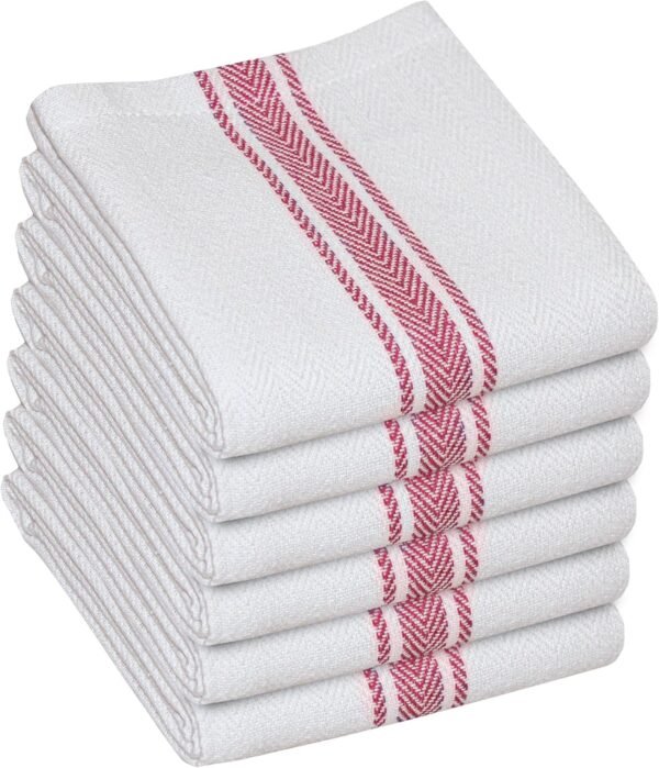 WHITEWRAP Kitchen Towels | Cotton Dish Towels for Drying Dishes| Absorbent Kitchen Dish Towels, Dish Cloths| Tea Towels for Embroidery |6 Pack (Red Stripes)