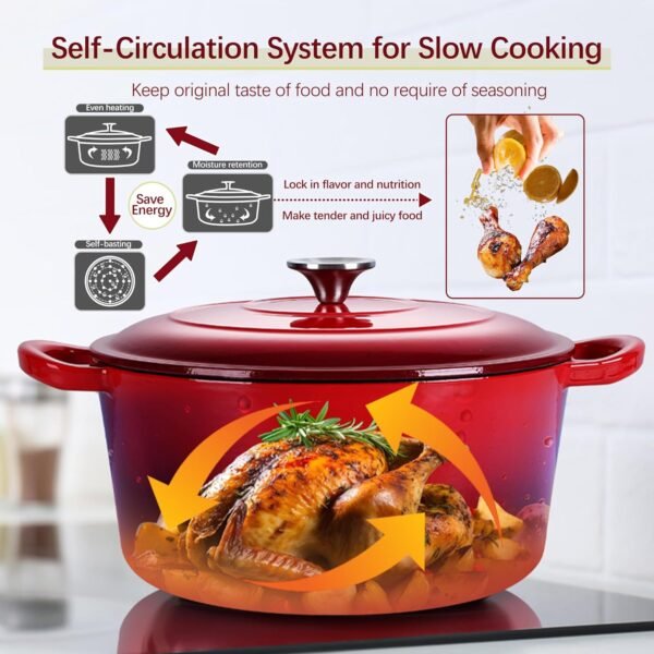 E-far 7QT Enameled Dutch Oven, Cast Iron Dutch Oven Pot with Lid for Cooking/Bread Baking/Braising/Roasting/Stewing, Heavy Duty Round Nonstick Cookware Safe for Induction & Oven - Red - Image 5