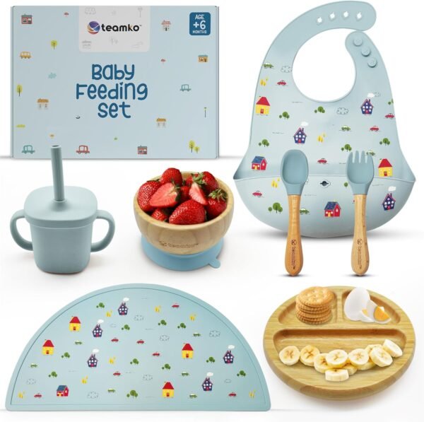 TEAMKO® Silicone Baby Feeding Set: Bamboo Baby Plate and Bowl, Bib, Utensils, Cup & Placemat - Bamboo Kids Plates - Ideal for Baby Led Weaning + Nutritional Guide
