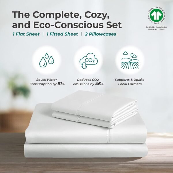THREAD SPREAD 100% Organic Cotton Bed Sheet Set - Crisp and Cooling Percale Weave, Soft Breathable, Eco-Friendly, 4 Piece Bedding Set, Deep Pocket with All-Around Elastic, (California King, White) - Image 5