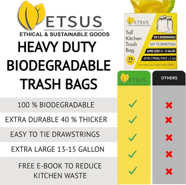 Biodegradable Trash Bags for 13 Gallon | 50 Liter Bin, Plant Based - 75 Count, Tall Kitchen Compost Bags with Drawstrings - Green Garbage Bags - 1.3 mil Thick Heavy Duty and Eco Friendly Trash Bags - Image 6