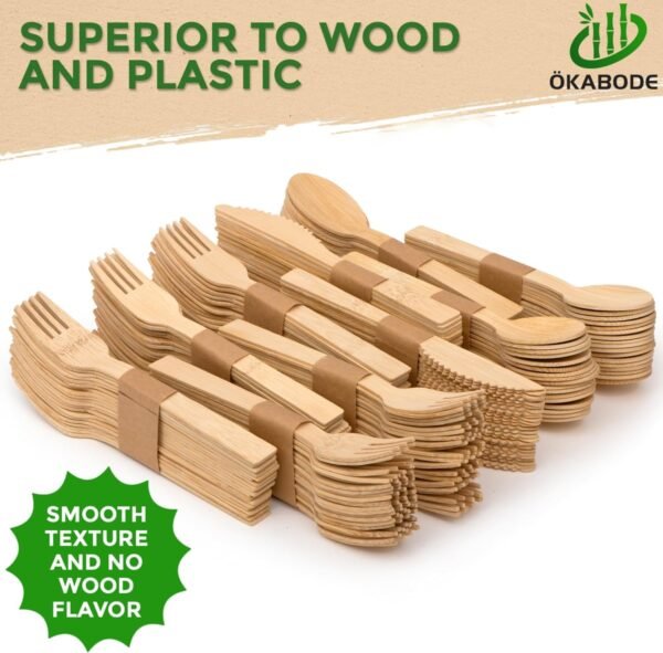 Disposable Bamboo Utensils, 200 Pack | 100% Bamboo Cutlery NOT Wooden Cutlery | Eco-Friendly Compostable Cutlery | 100% Biodegradable Utensils | 100 Bamboo forks, 50 Knives, 50 Spoons… - Image 2